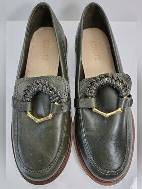 Schutz Women's Leather Lug Loafers Rhino Militar Green Size 7B